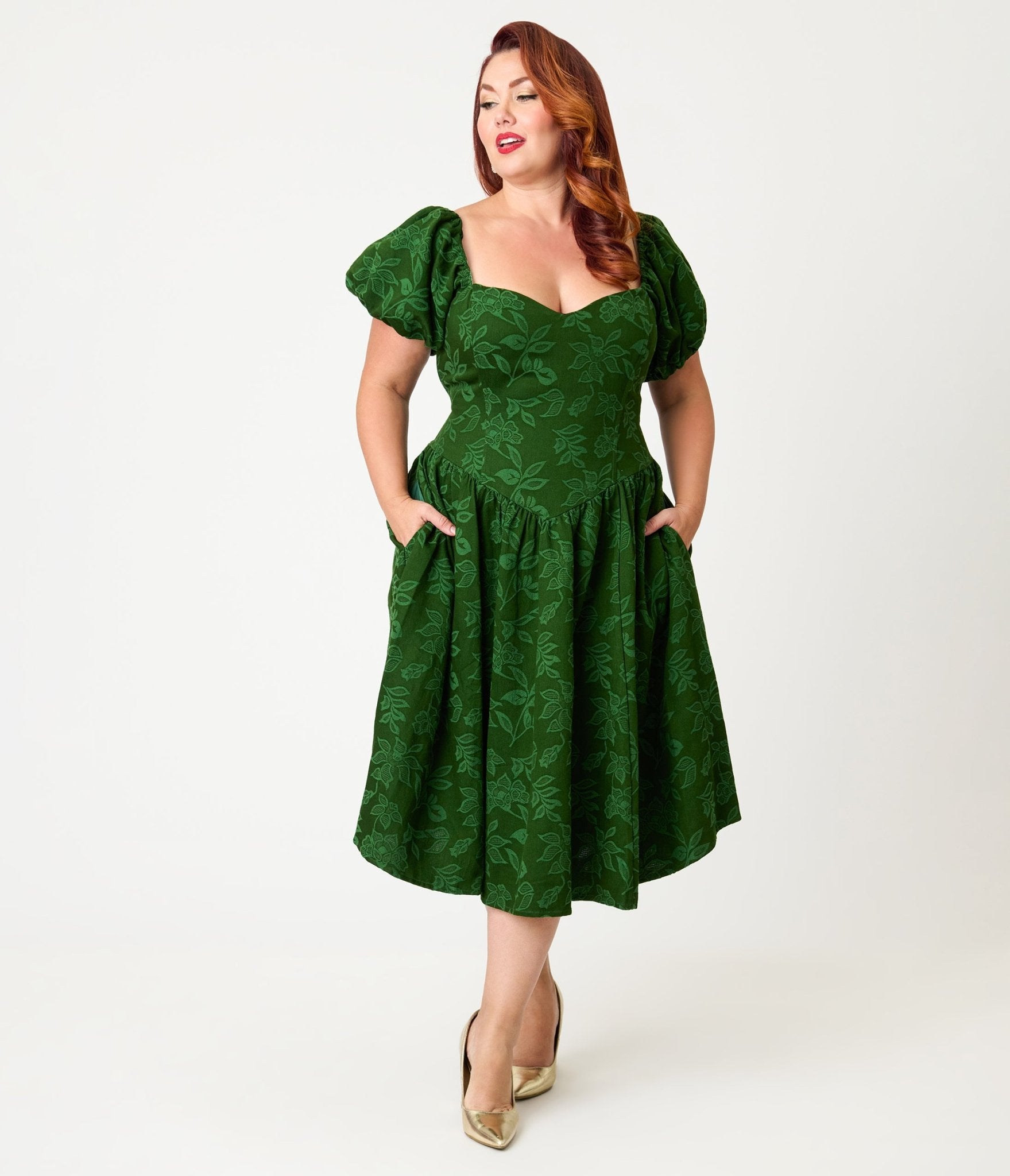 Smak Parlour Plus Size Green Floral Brocade Swing Dress - Unique Vintage - Womens, DRESSES, SWING