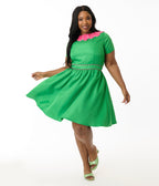 Smak Parlour Plus Size Green & Hot Pink Petal Collar Flare Dress - Unique Vintage - Womens, DRESSES, FIT AND FLARE