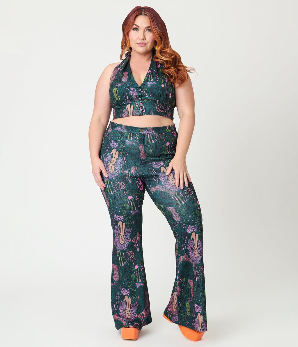 Smak Parlour Plus Size Green & Mannequin Doodle Feelin Groovy Crop Top - Unique Vintage - Womens, TOPS, KNIT TOPS