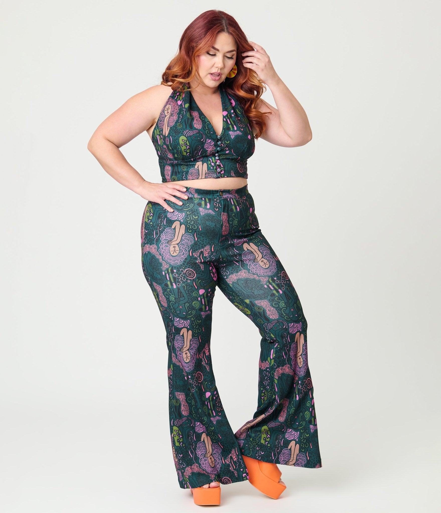 Smak Parlour Plus Size Green & Mannequin Doodle Find Your Flare Pants - Unique Vintage - Womens, BOTTOMS, PANTS