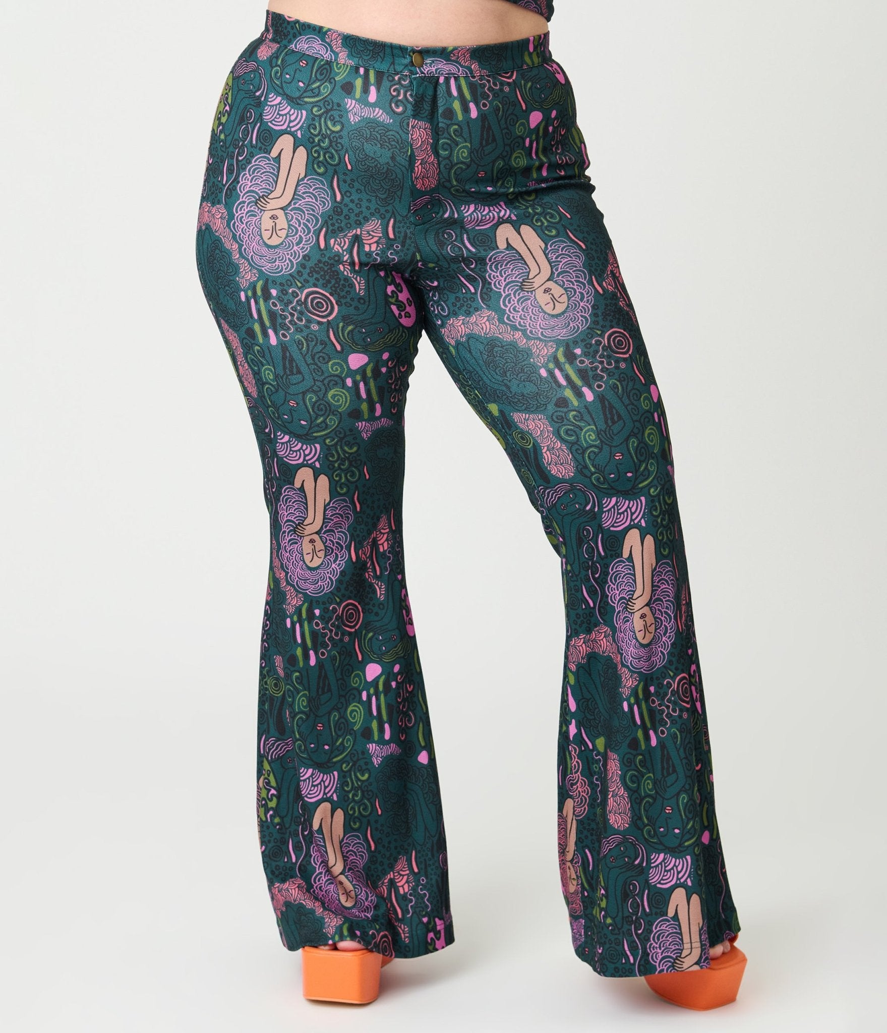 Smak Parlour Plus Size Green & Mannequin Doodle Find Your Flare Pants - Unique Vintage - Womens, BOTTOMS, PANTS