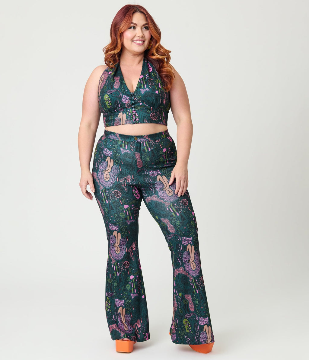 Smak Parlour Plus Size Green & Mannequin Doodle Find Your Flare Pants - Unique Vintage - Womens, BOTTOMS, PANTS