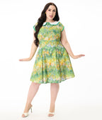Smak Parlour Plus Size Green Painted Garden Fit & Flare Dress - Unique Vintage - Womens, DRESSES, FIT AND FLARE