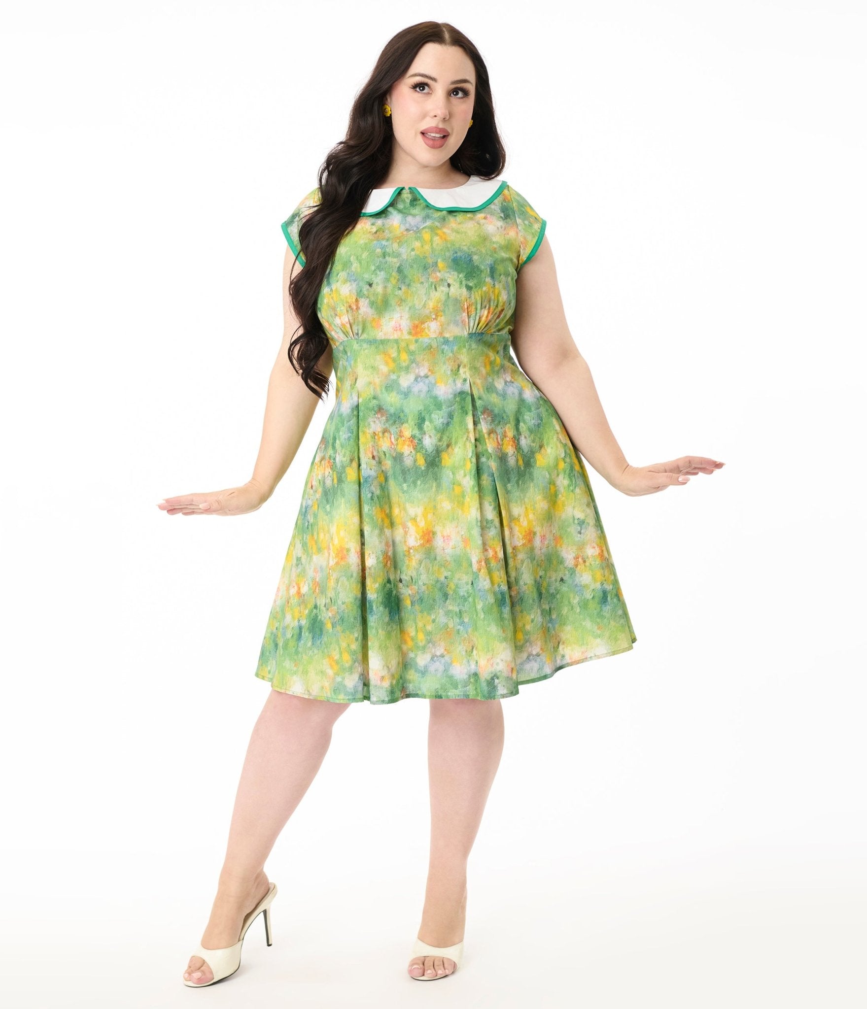 Smak Parlour Plus Size Green Painted Garden Fit & Flare Dress - Unique Vintage - Womens, DRESSES, FIT AND FLARE