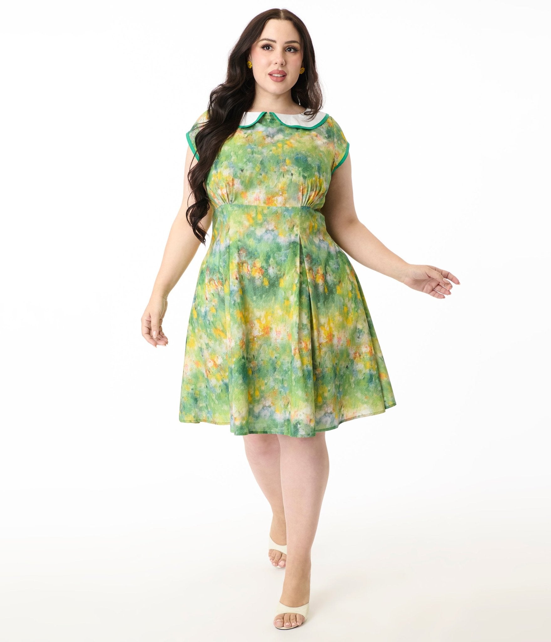 Smak Parlour Plus Size Green Painted Garden Fit & Flare Dress - Unique Vintage - Womens, DRESSES, FIT AND FLARE