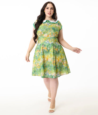 Smak Parlour Plus Size Green Painted Garden Fit & Flare Dress - Unique Vintage - Womens, DRESSES, FIT AND FLARE