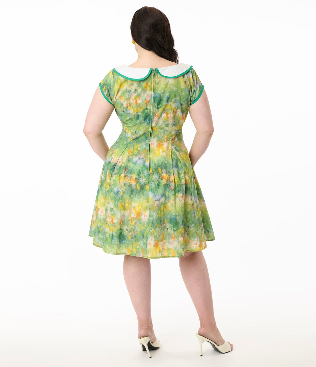 Smak Parlour Plus Size Green Painted Garden Fit & Flare Dress - Unique Vintage - Womens, DRESSES, FIT AND FLARE
