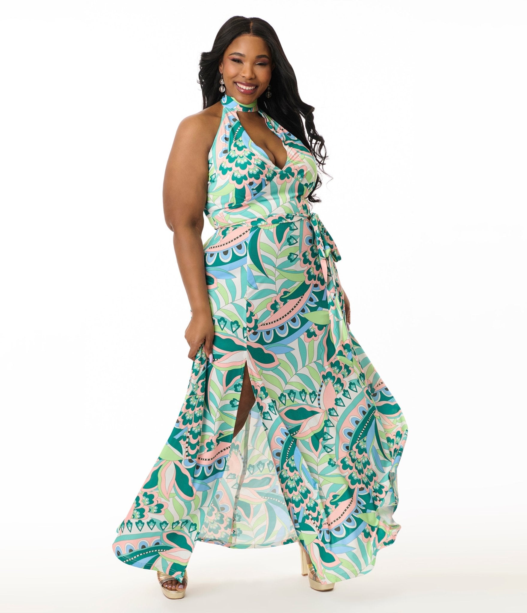 Smak Parlour Plus Size Green Paisley Halter Maxi Dress - Unique Vintage - Womens, DRESSES, MAXI