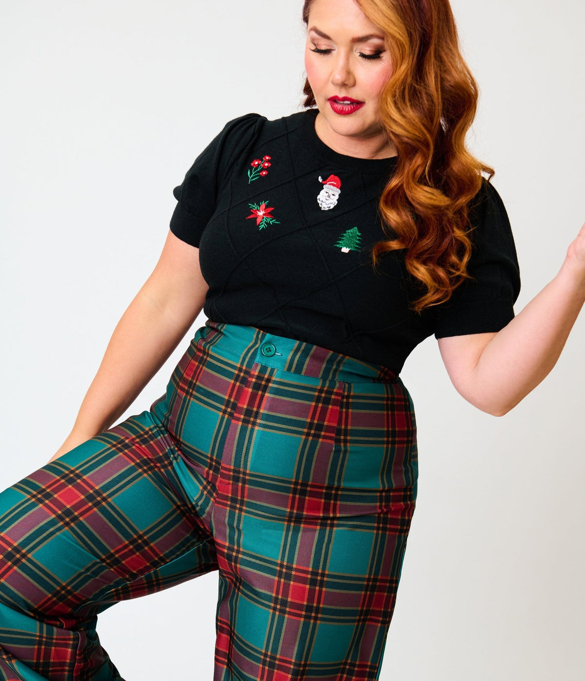 Smak Parlour Plus Size Green & Red Oversize Plaid Wide Leg Trousers - Unique Vintage - Pants