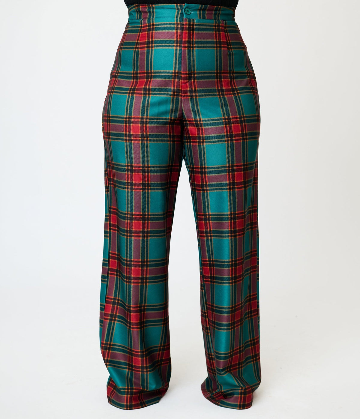 Smak Parlour Plus Size Green & Red Oversize Plaid Wide Leg Trousers - Unique Vintage - Pants