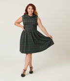 Smak Parlour Plus Size Green & Red Plaid Funnel Neck Fit & Flare Dress - Unique Vintage - Womens, DRESSES, FIT AND FLARE