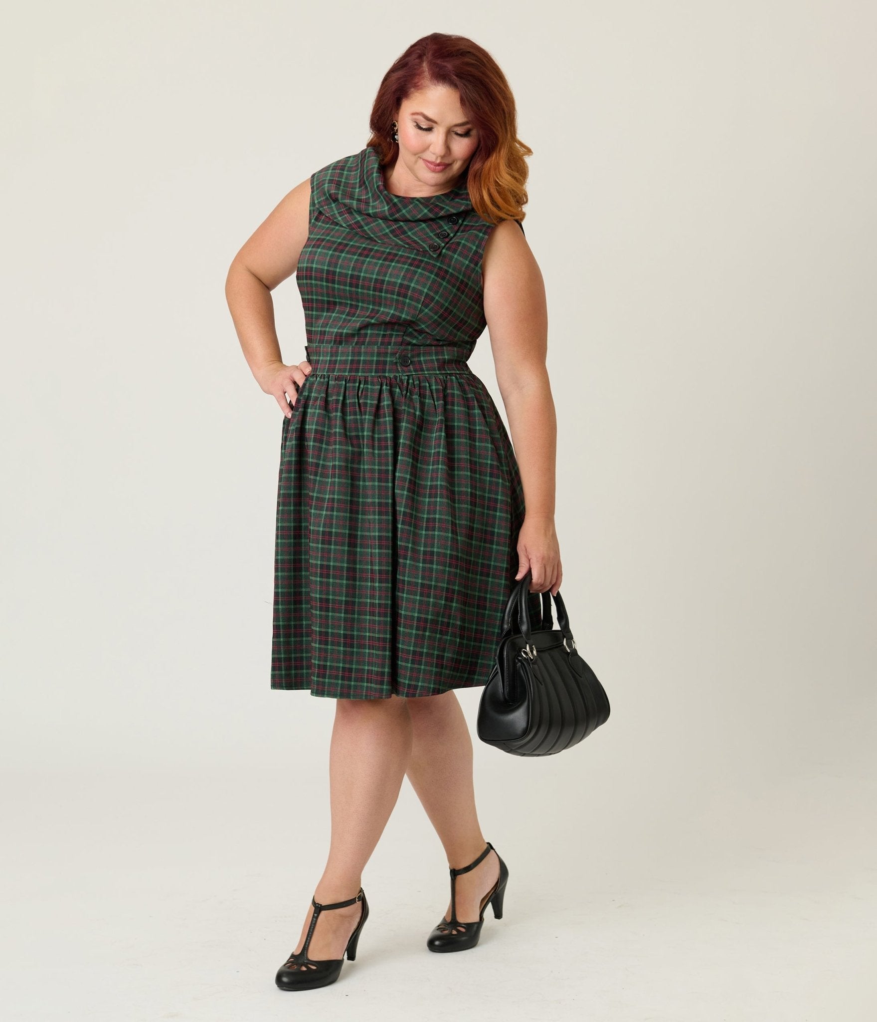 Smak Parlour Plus Size Green & Red Plaid Funnel Neck Fit & Flare Dress - Unique Vintage - Womens, DRESSES, FIT AND FLARE