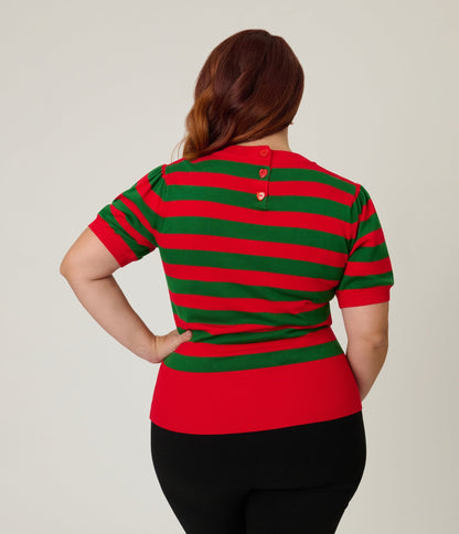 Smak Parlour Plus Size Green & Red Stripe Heart Sweater - Unique Vintage - Womens, TOPS, SWEATERS