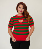 Smak Parlour Plus Size Green & Red Stripe Heart Sweater - Unique Vintage - Womens, TOPS, SWEATERS