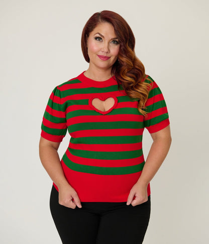 Smak Parlour Plus Size Green & Red Stripe Heart Sweater - Unique Vintage - Womens, TOPS, SWEATERS