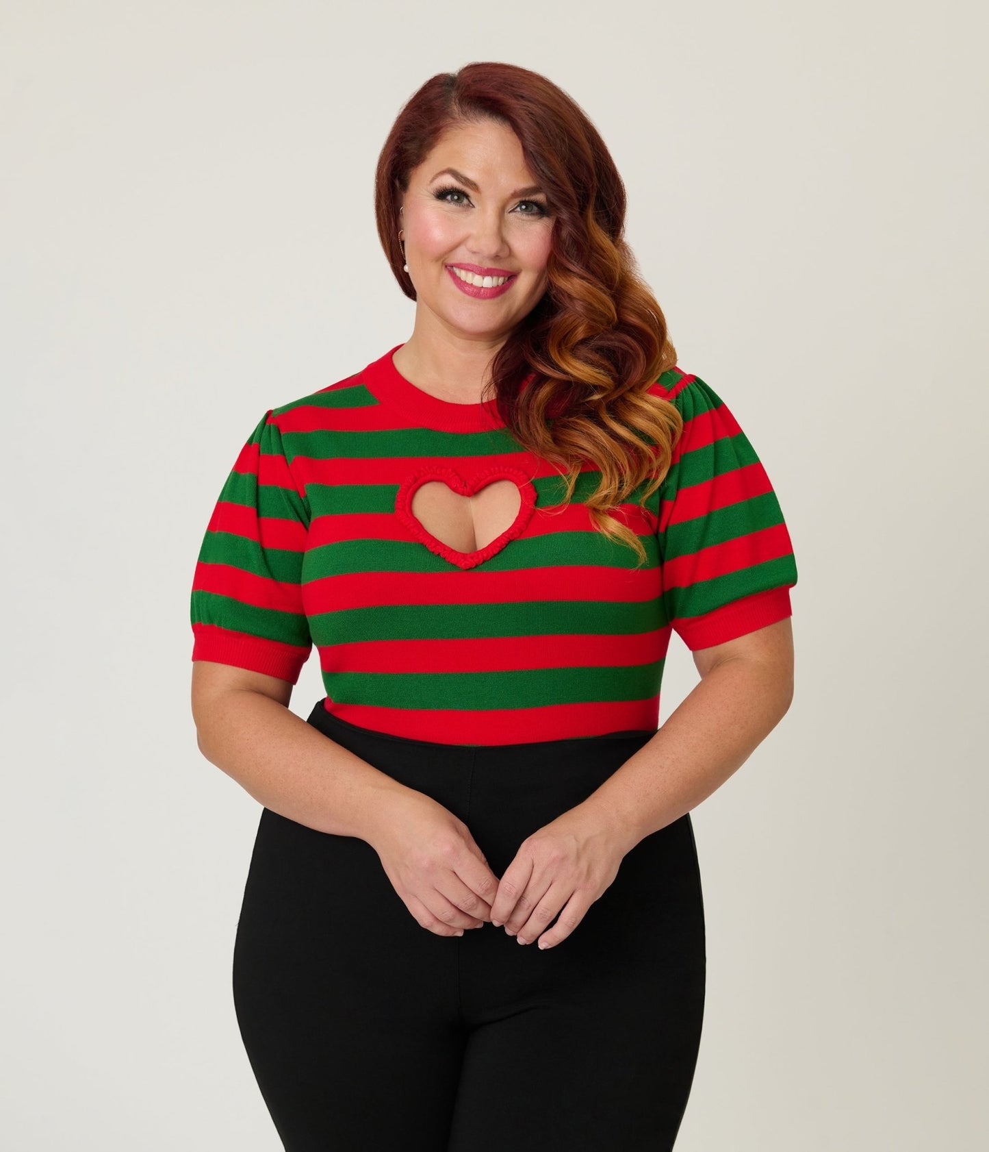 Smak Parlour Plus Size Green & Red Stripe Heart Sweater - Unique Vintage - Womens, TOPS, SWEATERS