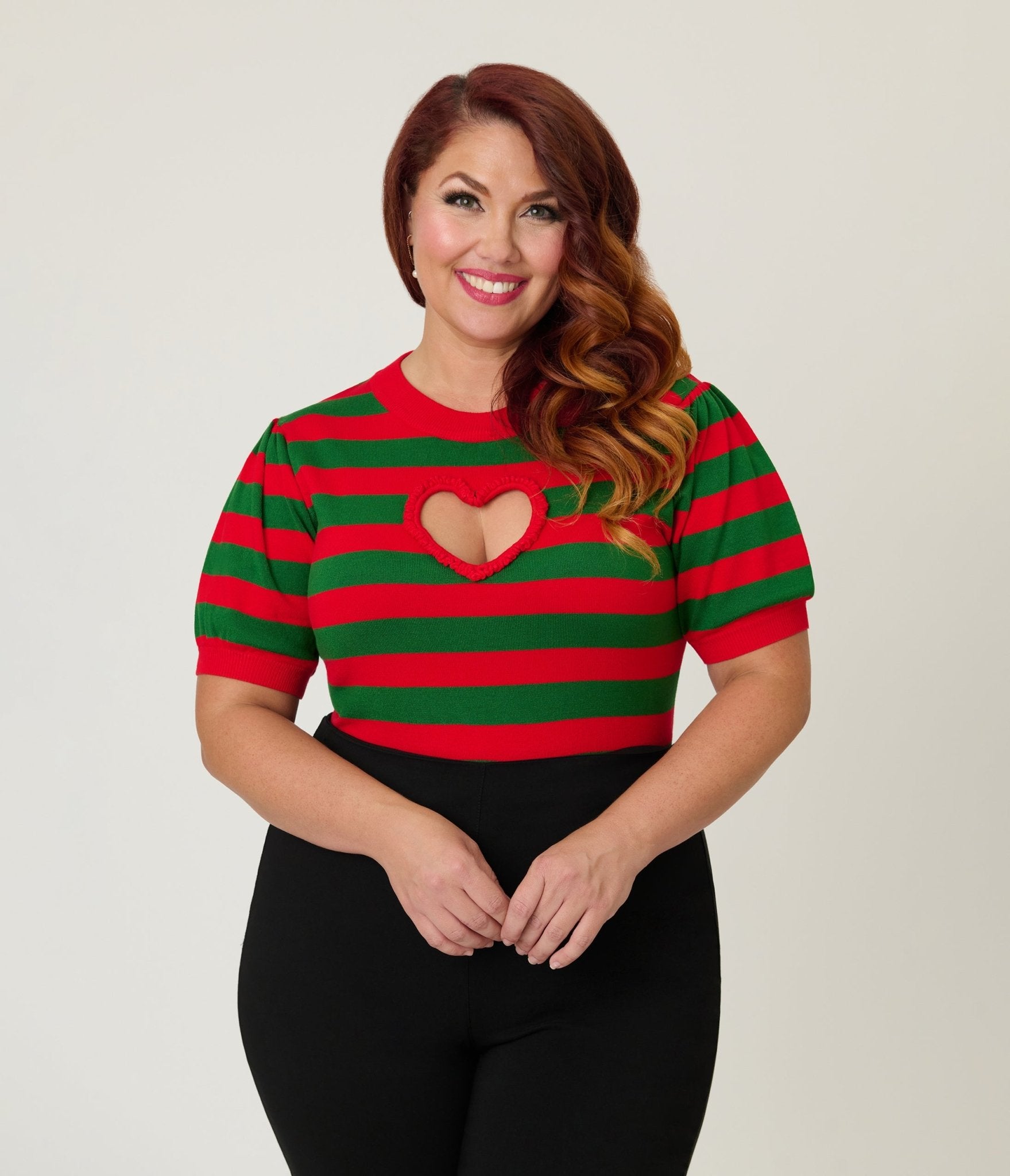 Smak Parlour Plus Size Green & Red Stripe Heart Sweater - Unique Vintage - Womens, TOPS, SWEATERS