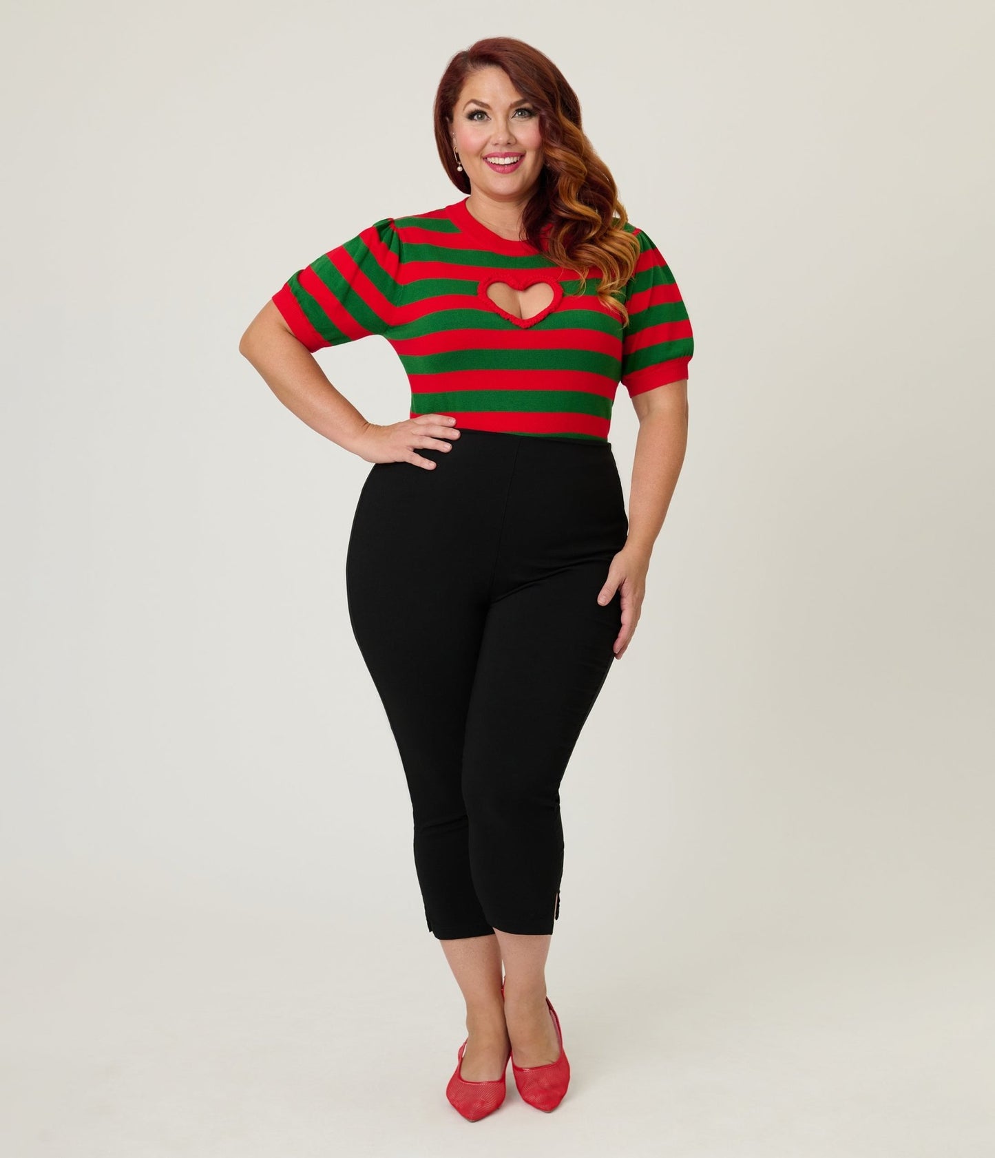 Smak Parlour Plus Size Green & Red Stripe Heart Sweater - Unique Vintage - Womens, TOPS, SWEATERS