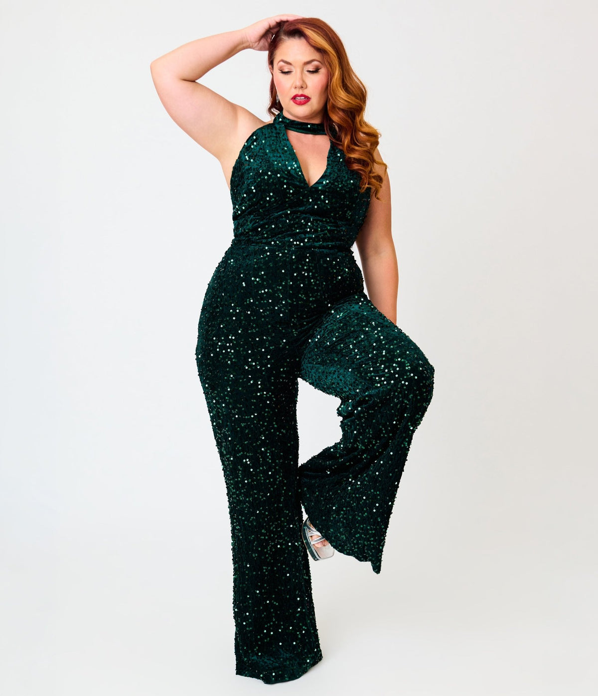 Smak Parlour Plus Size Green Velvet & Sequin Glamour Goddess Jumpsuit - Unique Vintage -