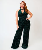 Smak Parlour Plus Size Green Velvet & Sequin Glamour Goddess Jumpsuit - Unique Vintage -