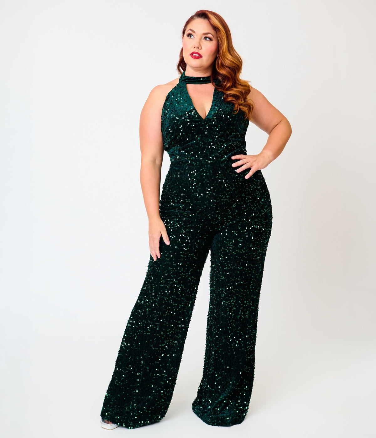 Smak Parlour Plus Size Green Velvet & Sequin Glamour Goddess Jumpsuit - Unique Vintage -