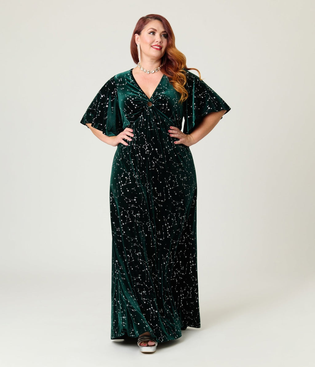 Smak Parlour Plus Size Green Velvet Silver Stars Cutout Maxi Dress - Unique Vintage - Womens, DRESSES, MAXI