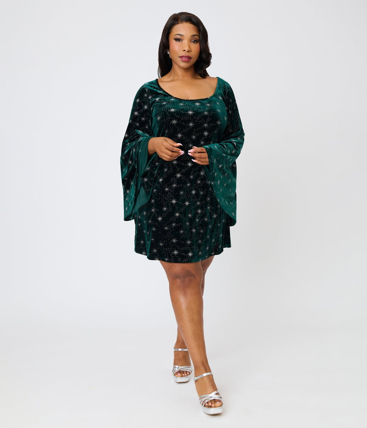 Smak Parlour Plus Size Green Velvet & Stars Downtown Scene Mini Dress - Unique Vintage - Mini Dresses