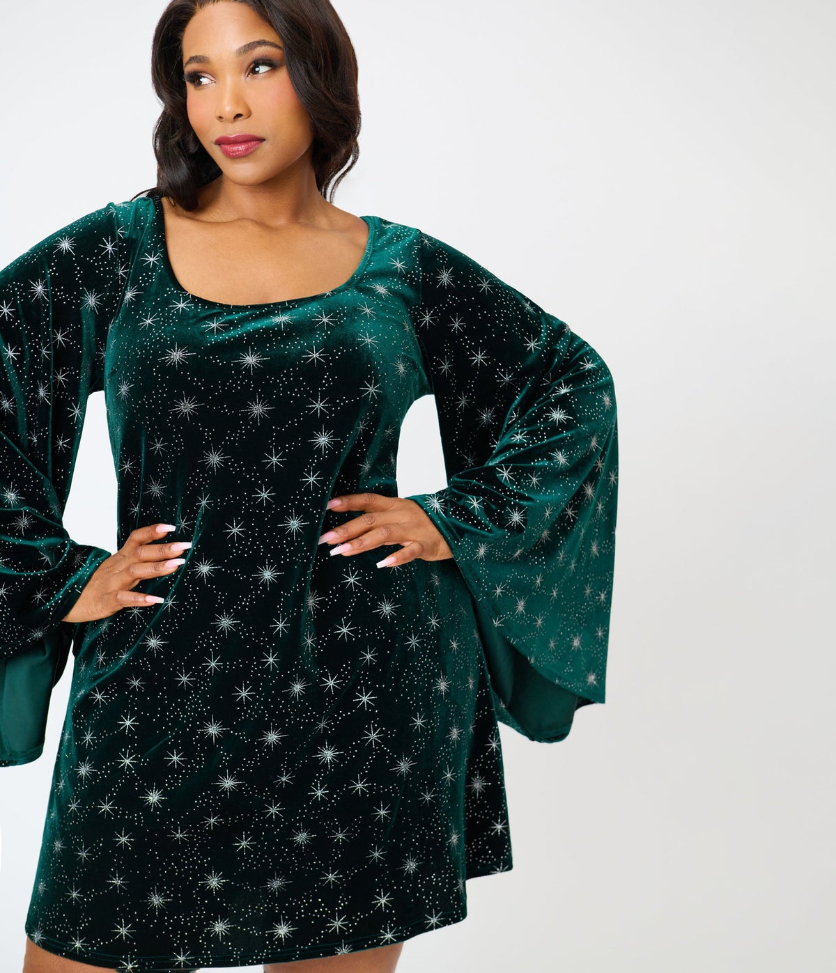Smak Parlour Plus Size Green Velvet & Stars Downtown Scene Mini Dress - Unique Vintage - Mini Dresses