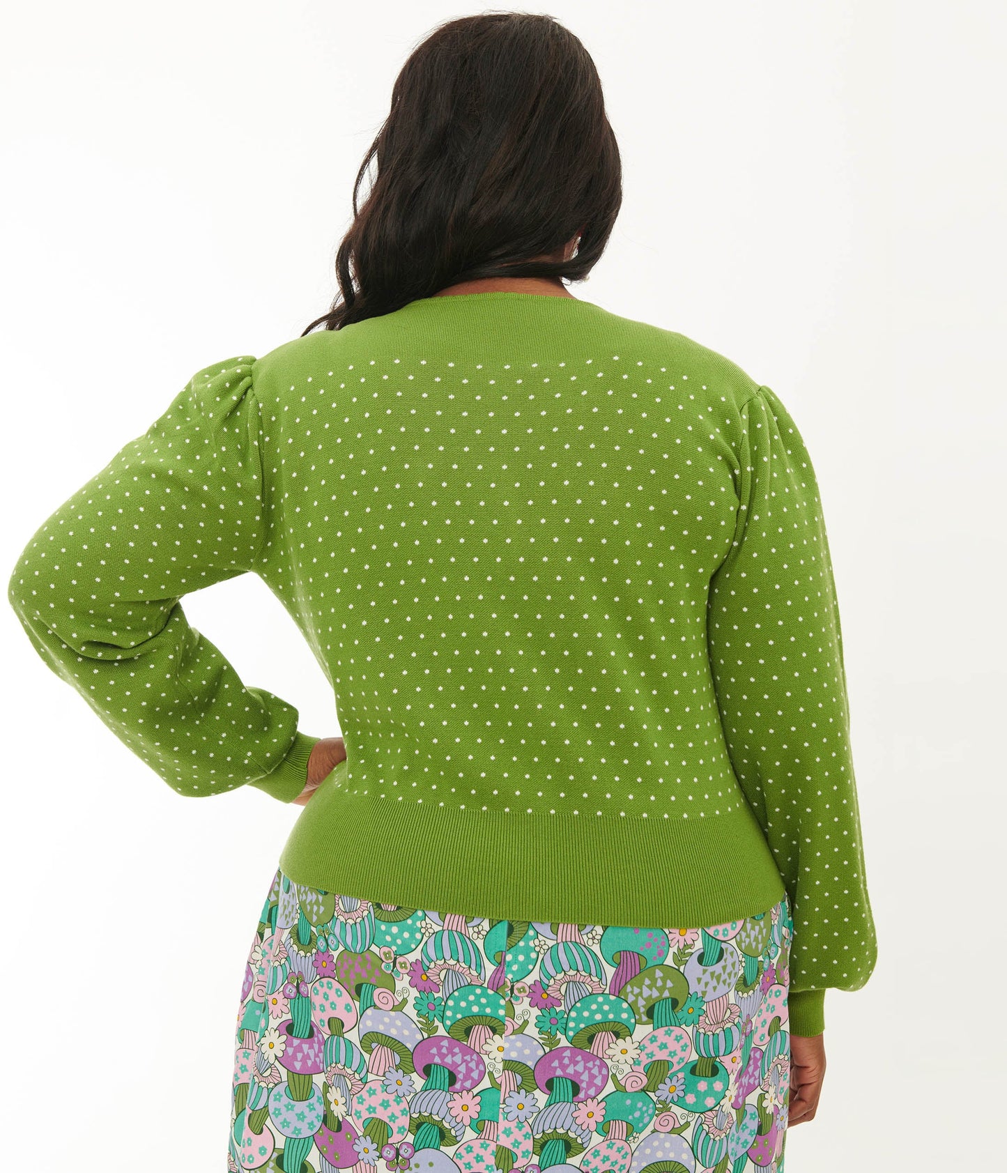 Smak Parlour Plus Size Green & White Polka Dot Mushroom Embroidered Cardigan - Unique Vintage - Womens, TOPS, KNIT TOPS