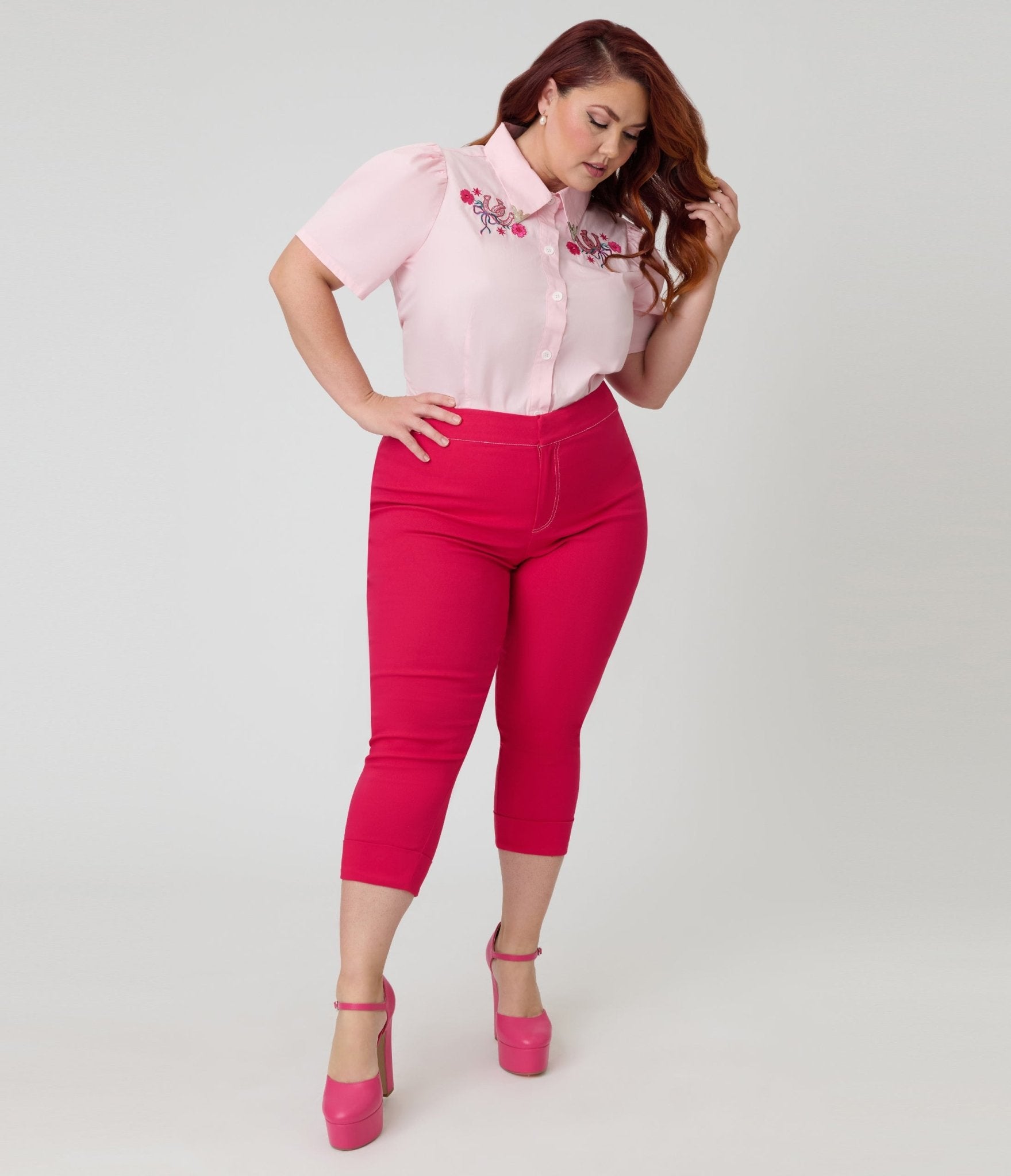 Smak Parlour Plus Size Hot Pink Denim Star Capris - Unique Vintage - Womens, BOTTOMS, CAPRI