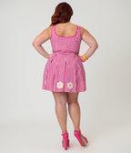 Smak Parlour Plus Size Hot Pink Gingham & Daisy Pleated Skirted Romper - Unique Vintage - Womens, BOTTOMS, ROMPERS AND JUMPSUITS