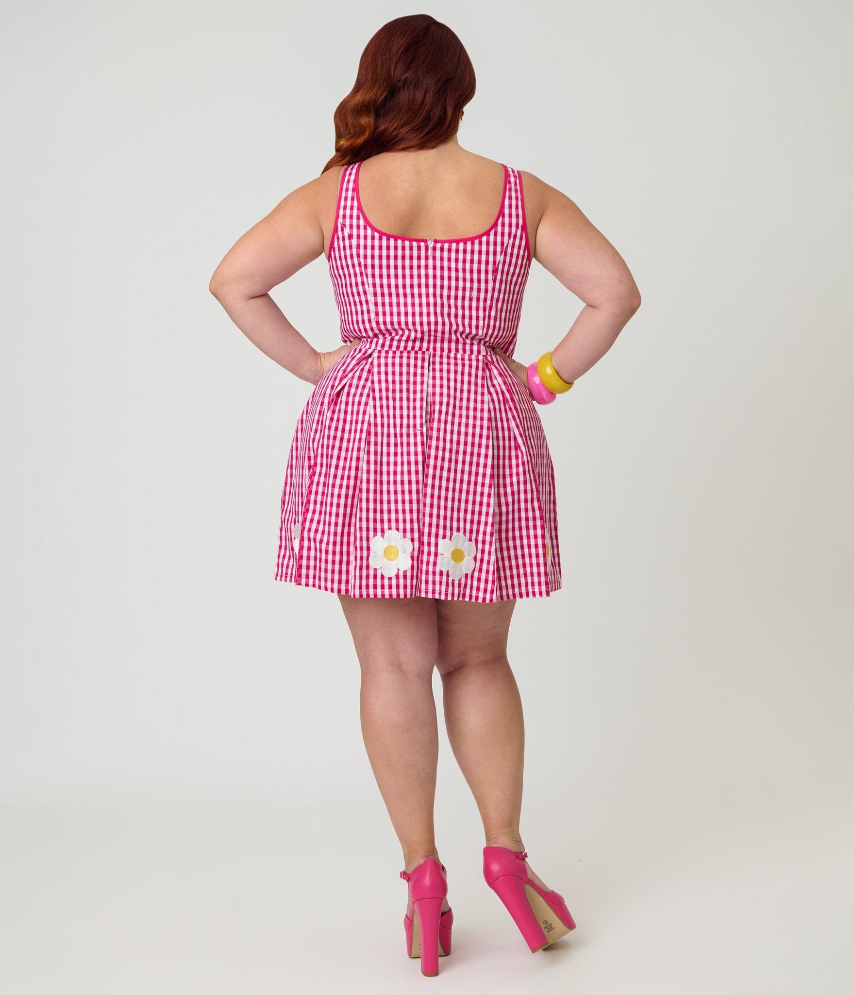 Smak Parlour Plus Size Hot Pink Gingham & Daisy Pleated Skirted Romper - Unique Vintage - Womens, BOTTOMS, ROMPERS AND JUMPSUITS