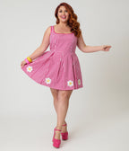 Smak Parlour Plus Size Hot Pink Gingham & Daisy Pleated Skirted Romper - Unique Vintage - Womens, BOTTOMS, ROMPERS AND JUMPSUITS