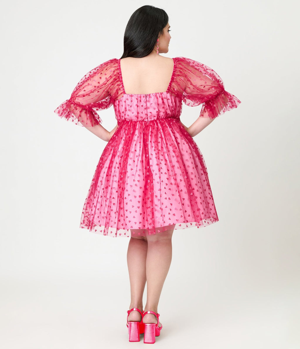 Smak Parlour Plus Size Hot Pink Glitter Hearts Love Interest Babydoll Dress - Unique Vintage - Womens, DRESSES, BABYDOLL