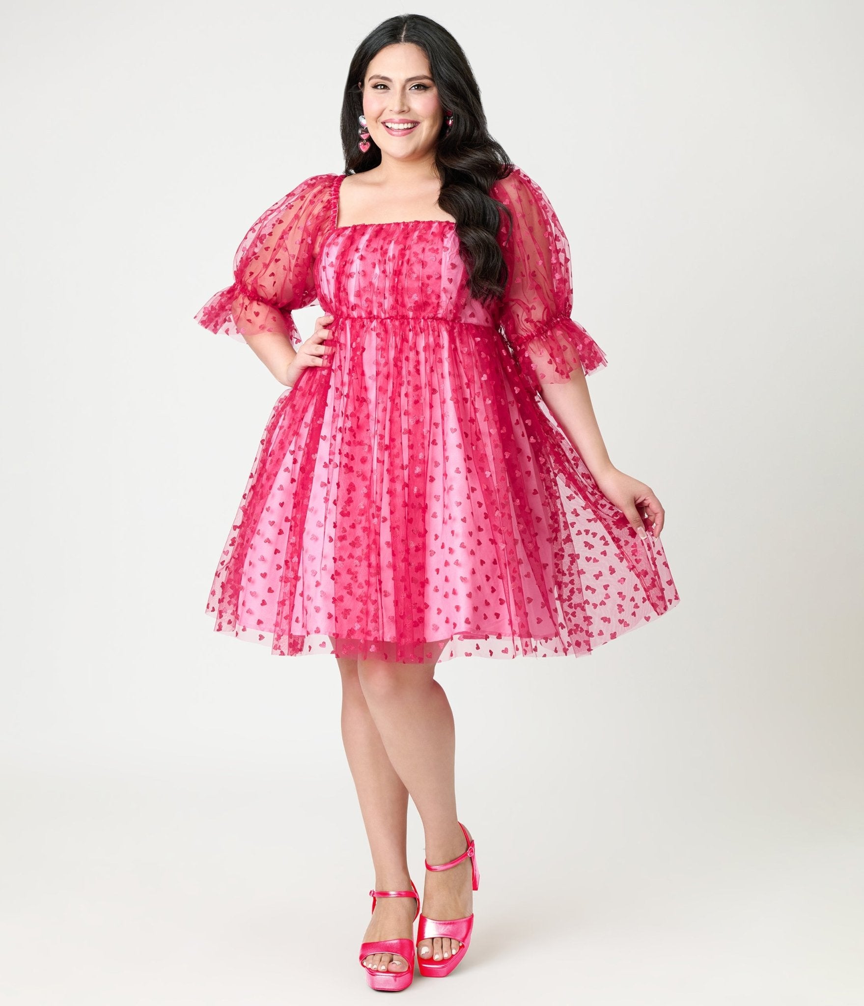 Smak Parlour Plus Size Hot Pink Glitter Hearts Love Interest Babydoll Dress - Unique Vintage - Womens, DRESSES, BABYDOLL