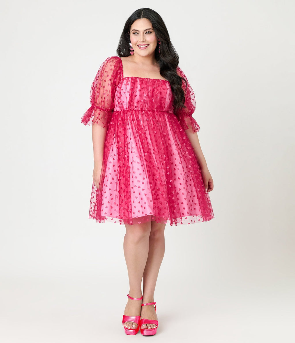 Smak Parlour Plus Size Hot Pink Glitter Hearts Love Interest Babydoll Dress - Unique Vintage - Womens, DRESSES, BABYDOLL