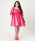 Smak Parlour Plus Size Hot Pink Glitter Hearts Love Interest Babydoll Dress - Unique Vintage - Womens, DRESSES, BABYDOLL
