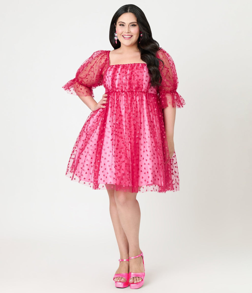 Smak Parlour Plus Size Hot Pink Glitter Hearts Love Interest Babydoll Dress - Unique Vintage - Womens, DRESSES, BABYDOLL