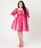Smak Parlour Plus Size Hot Pink Glitter Hearts Love Interest Babydoll Dress - Unique Vintage - Womens, DRESSES, BABYDOLL