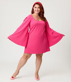 Smak Parlour Plus Size Hot Pink Heart Cutout Bell Sleeve Mini Dress - Unique Vintage - Womens, DRESSES, FIT AND FLARE