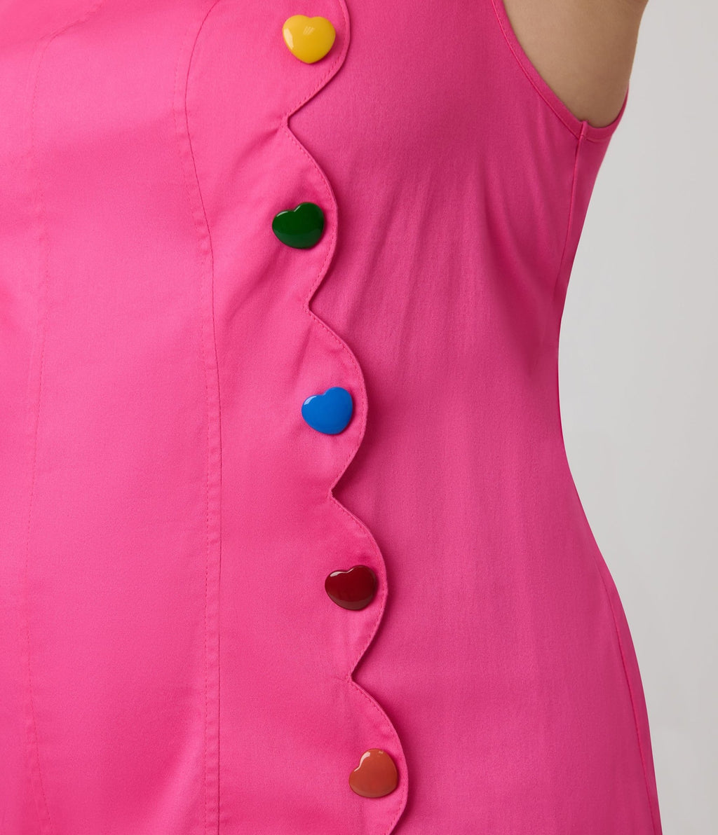 Smak Parlour Plus Size Hot Pink & Rainbow Buttons Scallop Mini Dress - Unique Vintage - Womens, DRESSES, SHIFTS