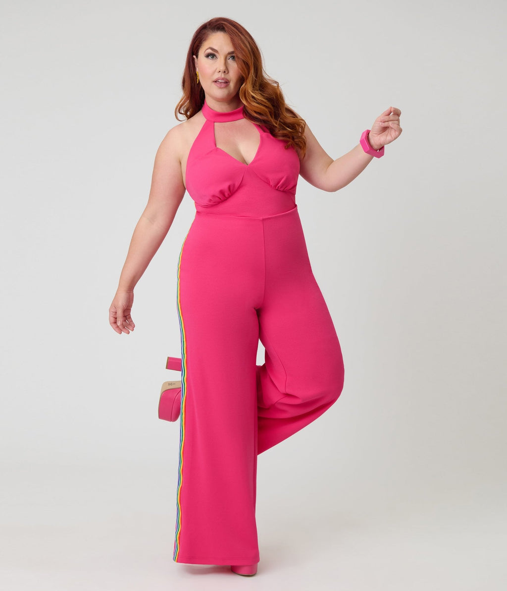 Smak Parlour Plus Size Hot Pink Rainbow Stripe Glamour Goddess Jumpsuit - Unique Vintage - Womens, BOTTOMS, ROMPERS AND JUMPSUITS