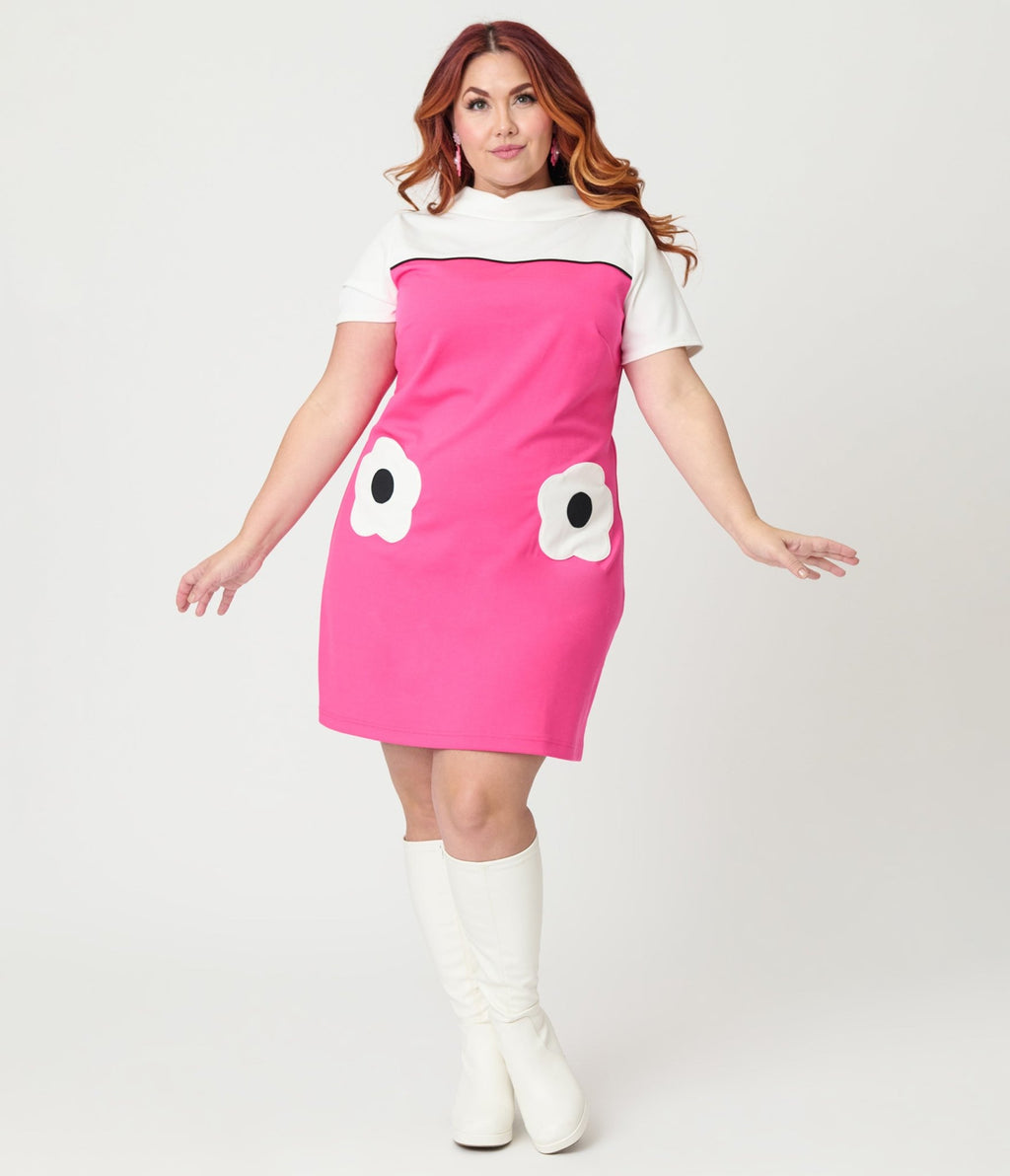 Smak Parlour Plus Size Hot Pink & White Flower Pocket Dress - Unique Vintage - Womens, DRESSES, SHIFTS