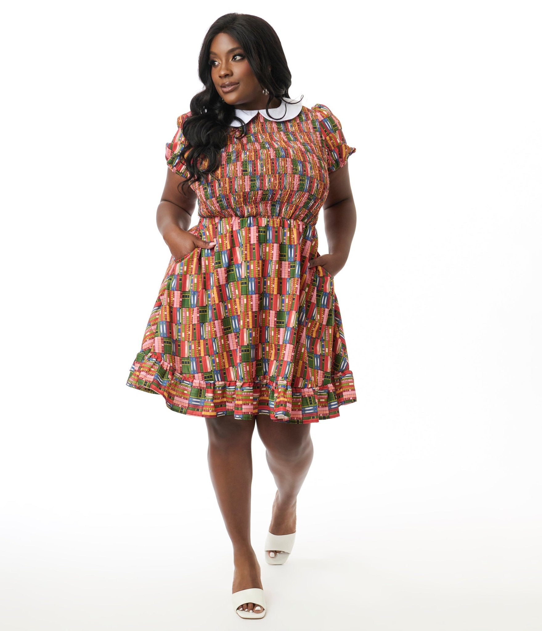 Smak Parlour Plus Size Library Shelves Print Smocked Fit & Flare Dress - Unique Vintage - Womens, DRESSES, FIT AND FLARE