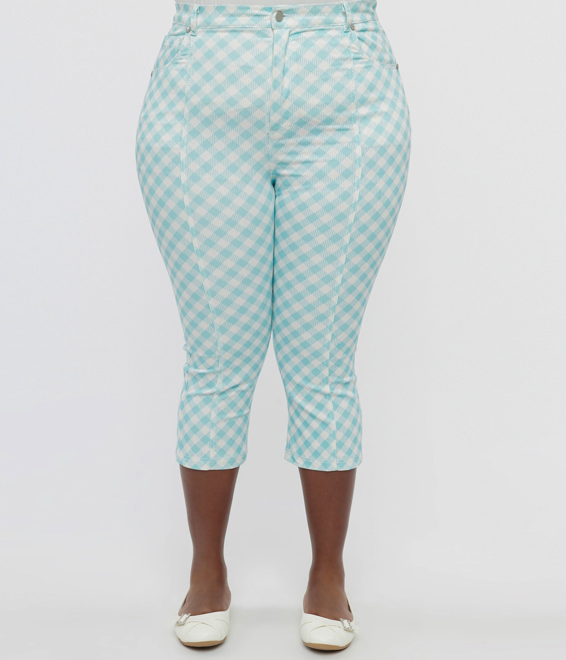 Smak Parlour Plus Size Light Blue & White Gingham Capri Pants - Unique Vintage - Womens, BOTTOMS, CAPRI