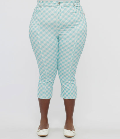 Smak Parlour Plus Size Light Blue & White Gingham Capri Pants - Unique Vintage - Womens, BOTTOMS, CAPRI