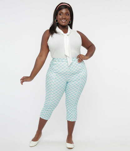 Smak Parlour Plus Size Light Blue & White Gingham Capri Pants - Unique Vintage - Womens, BOTTOMS, CAPRI