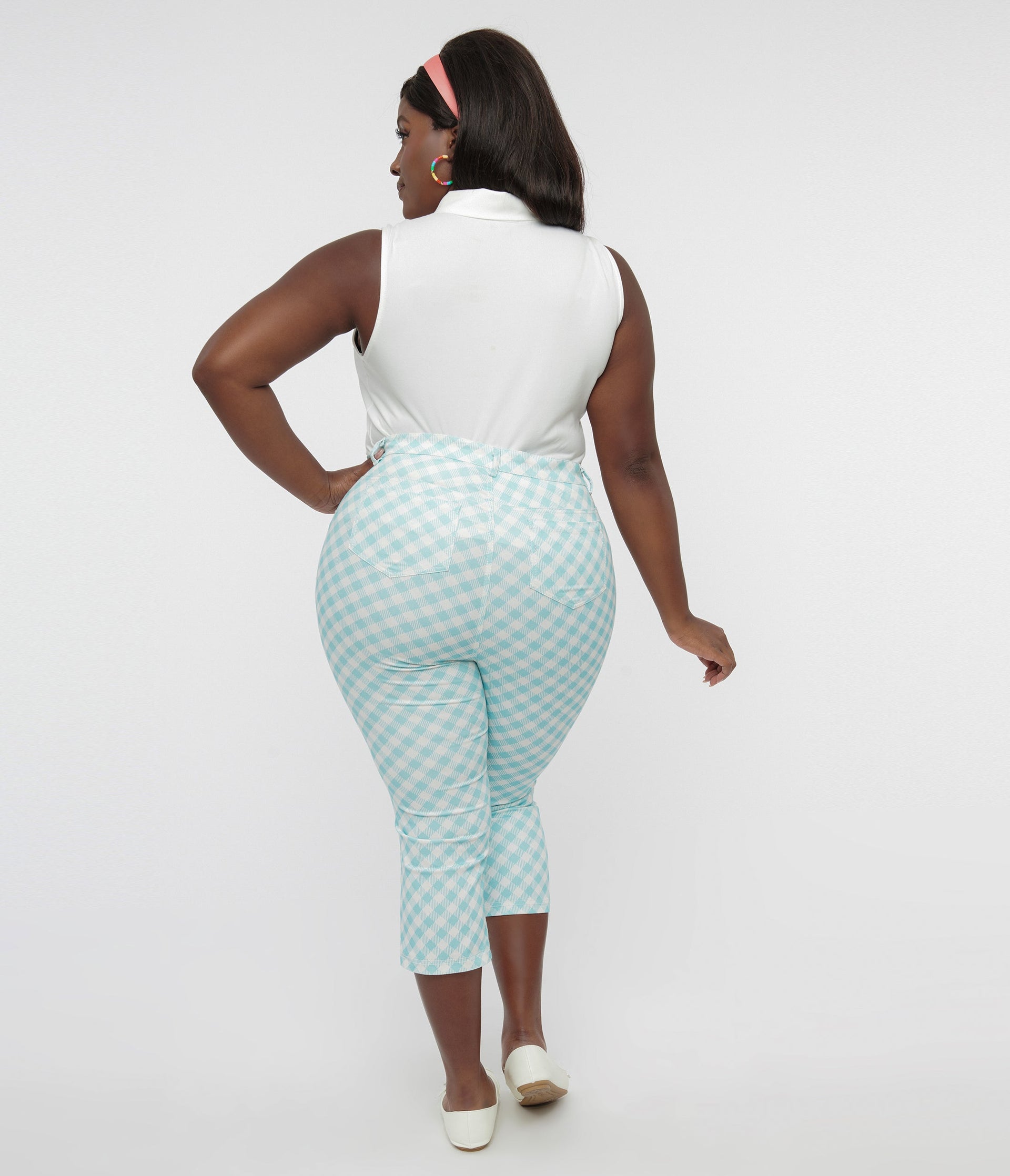 Smak Parlour Plus Size Light Blue & White Gingham Capri Pants - Unique Vintage - Womens, BOTTOMS, CAPRI