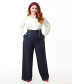 Smak Parlour Plus Size Navy & Silver Button Wide Leg Sailor Pants - Unique Vintage - Womens, BOTTOMS, PANTS