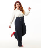 Smak Parlour Plus Size Navy & Silver Button Wide Leg Sailor Pants - Unique Vintage - Womens, BOTTOMS, PANTS